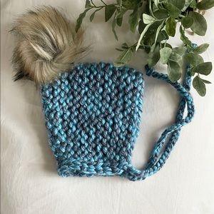 Knitted Chunky Baby Pixie Bonnet Hat with Faux Fur Pom Pom